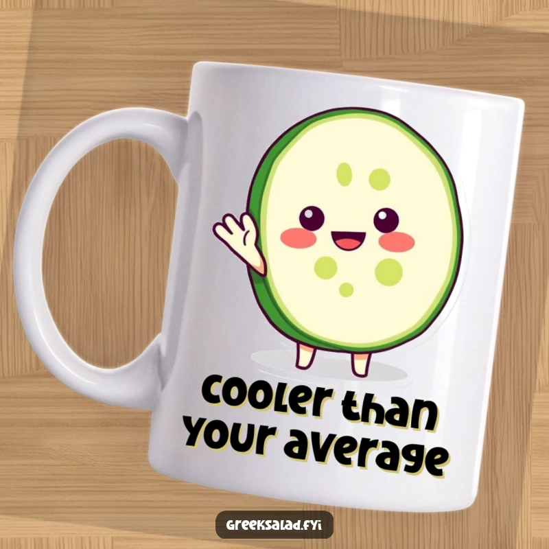 Funny mug featuring a happy cucumber slice character waving hello with a big smile, perfect for cheerful morning brews.