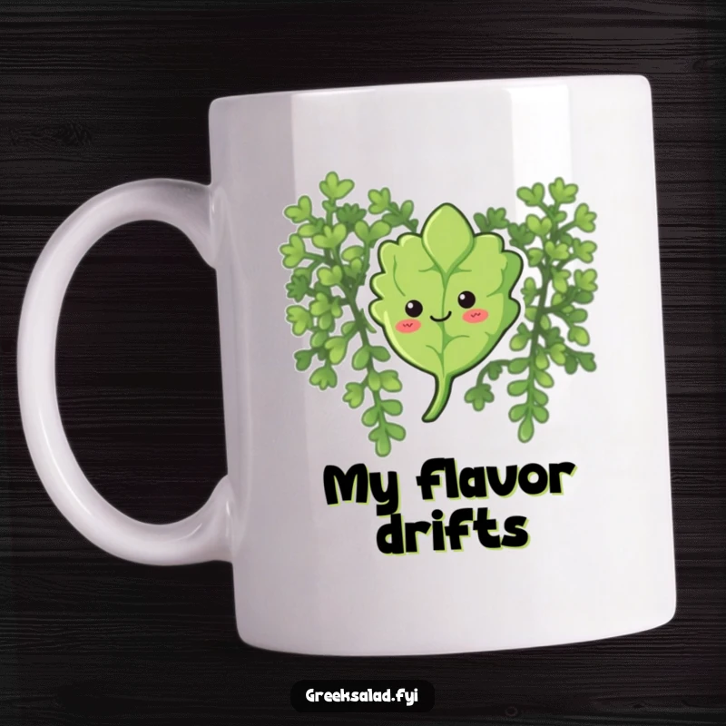 Funny mug showing a curious oregano leaf with a gentle smile, floating softly downwards, embodying peaceful descent.