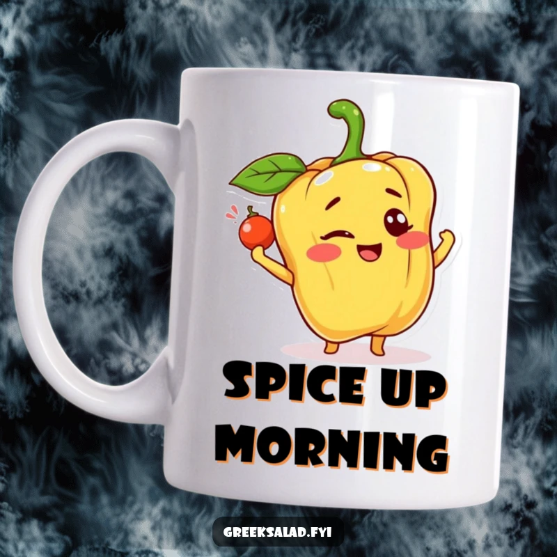 Funny mug illustration of a happy bell pepper character winking while tossing a tiny caper, exuding playful charm.