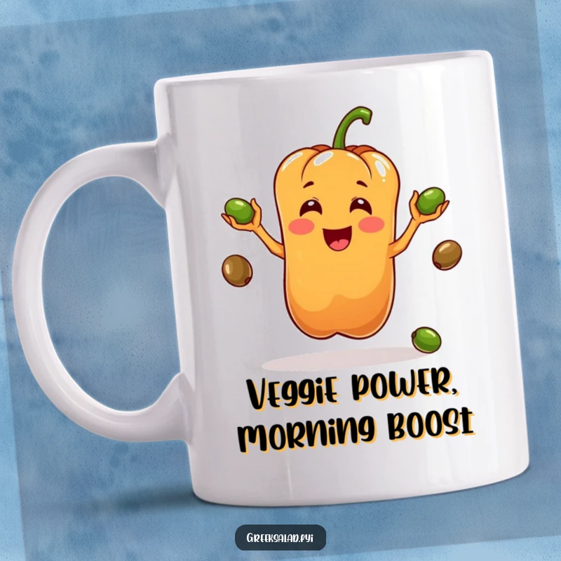 Funny mug showcasing a cute bell pepper character skillfully juggling several black olives with a determined yet playful expression.