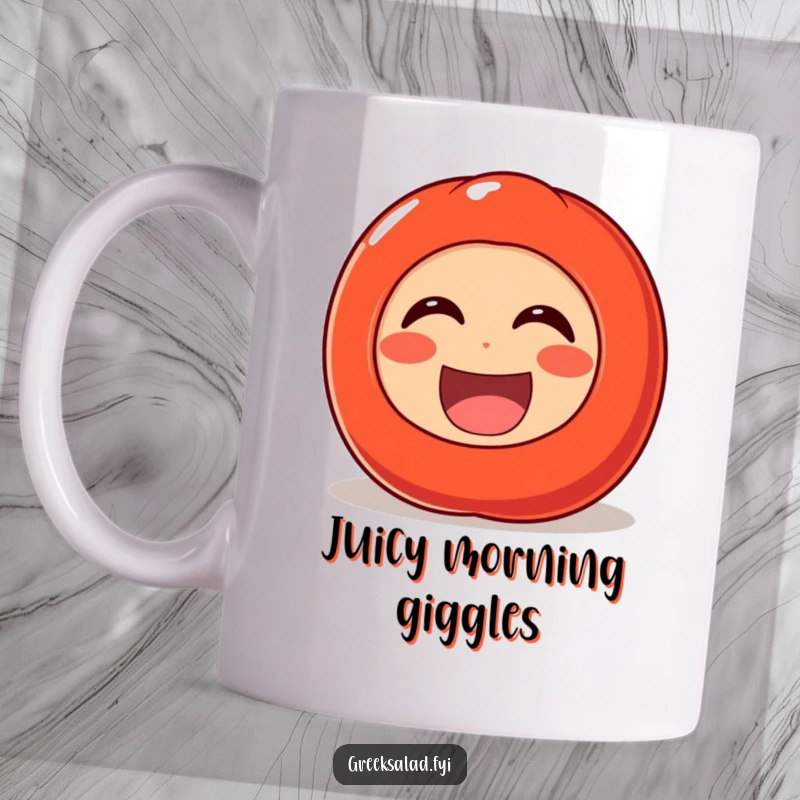 Funny mug showing a happy tomato character rolling with laughter, exuding pure, unadulterated comedic joy and vegetable cheer.