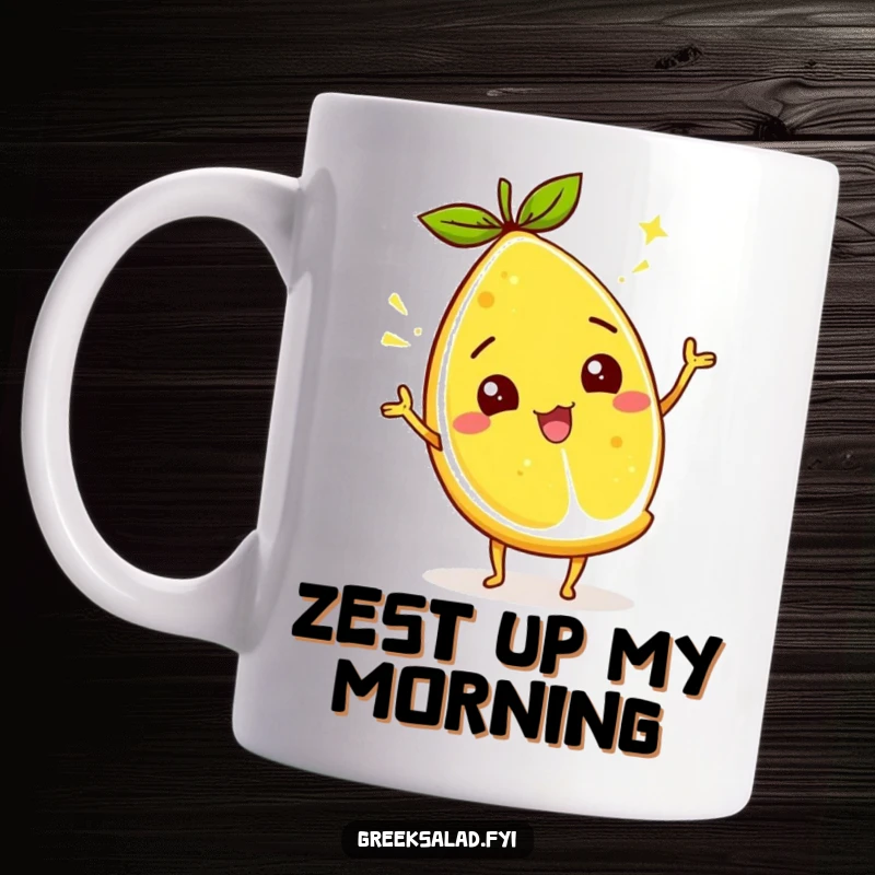 Funny lemon wedge mug featuring a lively citrus character wiggling its zest with a playful expression, perfect for kitchen humor.