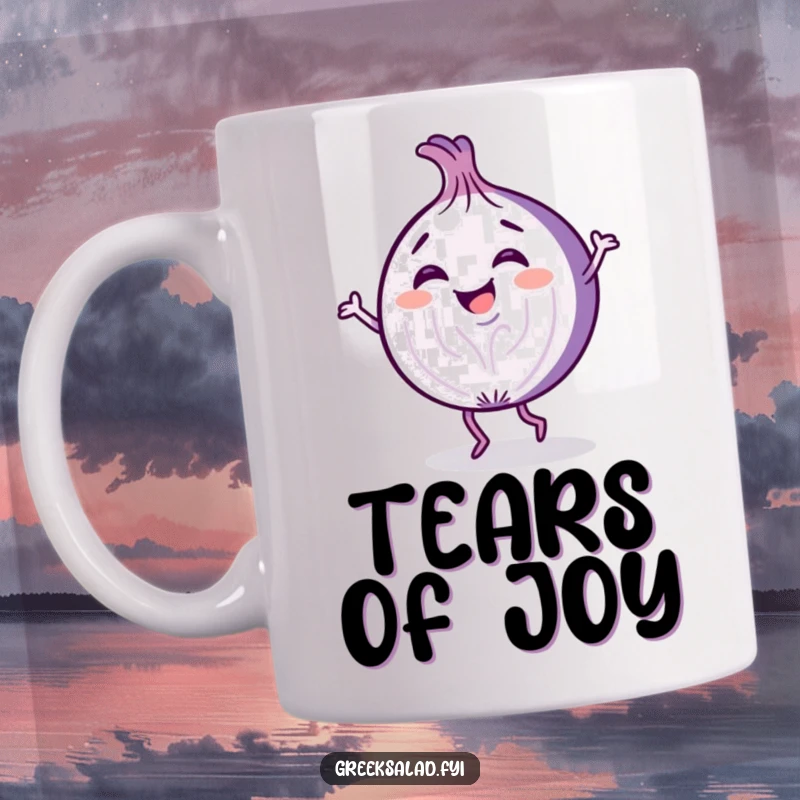 Funny mug showing a happy purple onion slice character mid-dance, with a giggling expression and swirling motion.