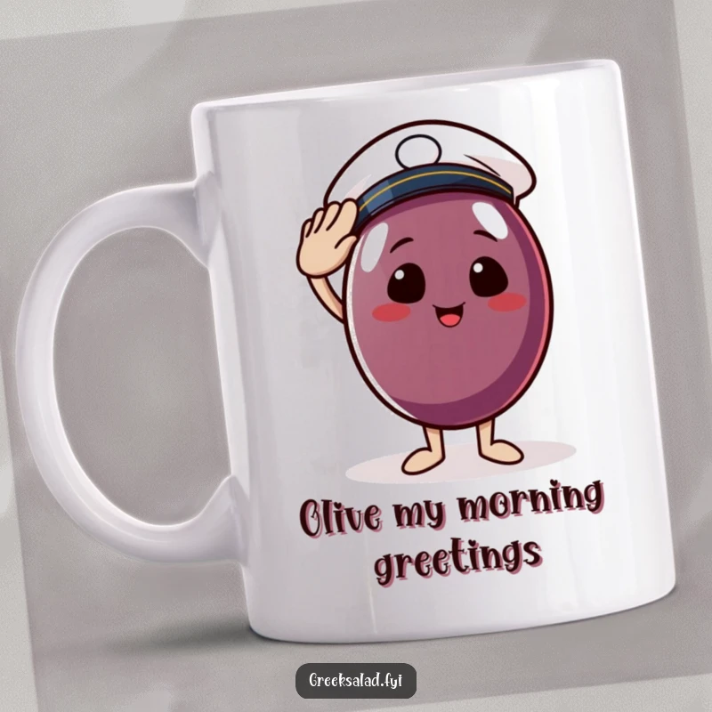 Funny mug with a happy Kalamata olive wearing a small sailor hat and giving a cheerful salute, embodying nautical fun.