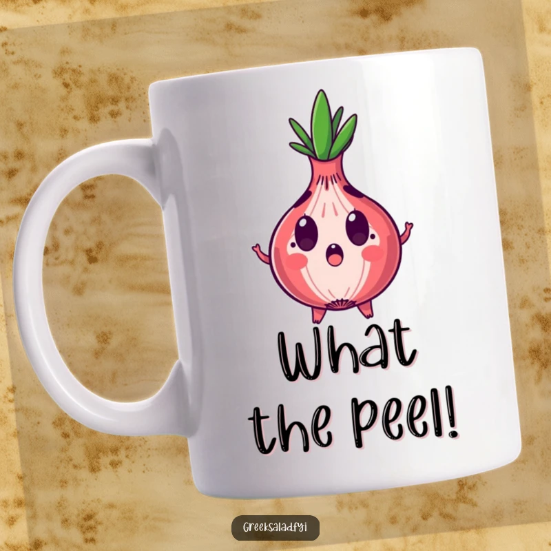 Funny mug with a red onion character looking surprised, its rings dramatically expanding outwards, conveying shock.