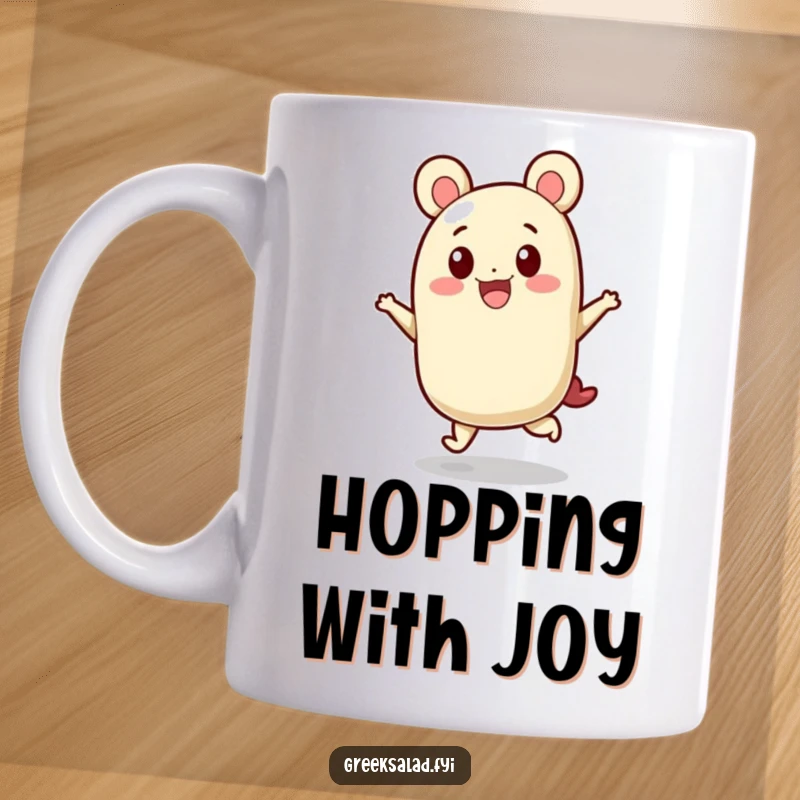 Funny mug with a block of feta cheese character joyfully doing a little hop, radiating pure, cheesy delight.