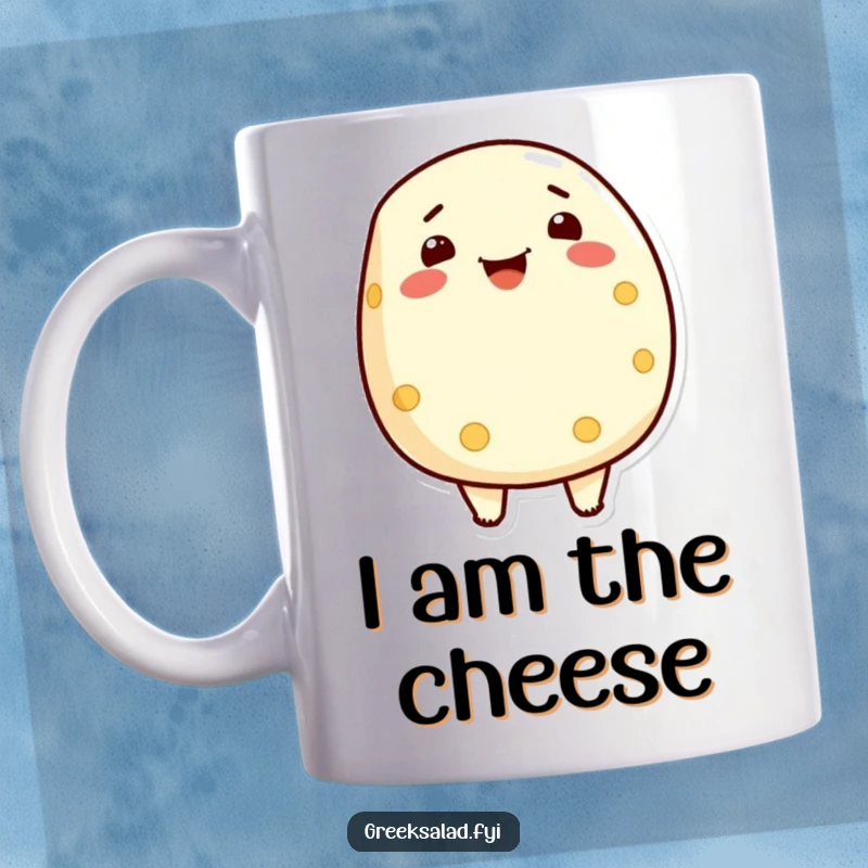 Funny mug featuring a beaming feta cheese character radiating pride and joy, a delightful dairy-themed gift.