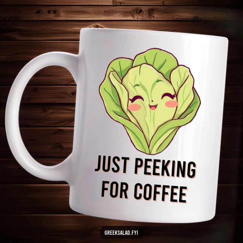 Funny lettuce leaf mug showing a cute vegetable character playfully peeking out with a mischievous grin, perfect for kitchen humor.