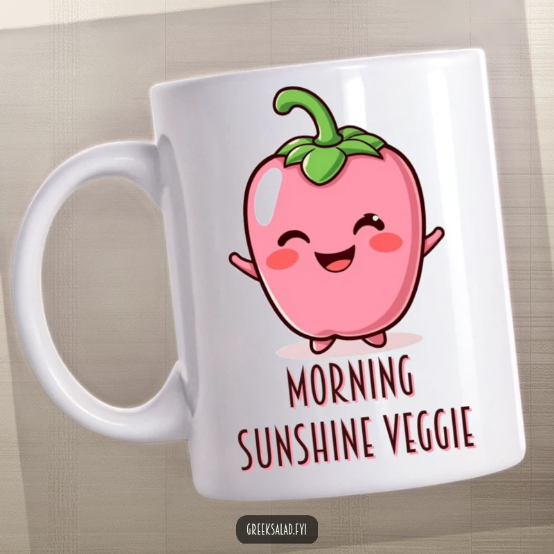 Funny mug featuring a cheerful bell pepper character offering a contagious bright smile, perfect for veggie lovers.