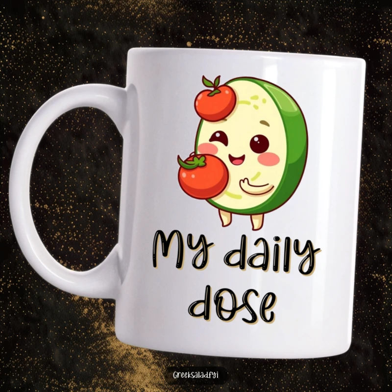 Funny mug featuring a shy cucumber slice character with a small smile, gently holding a red cherry tomato, conveying sweet innocence.