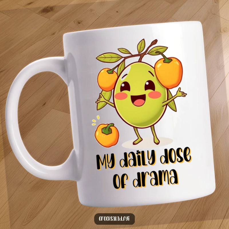 Funny mug showcasing a smiling olive gleefully juggling colorful bell peppers, radiating pure delight and culinary fun.