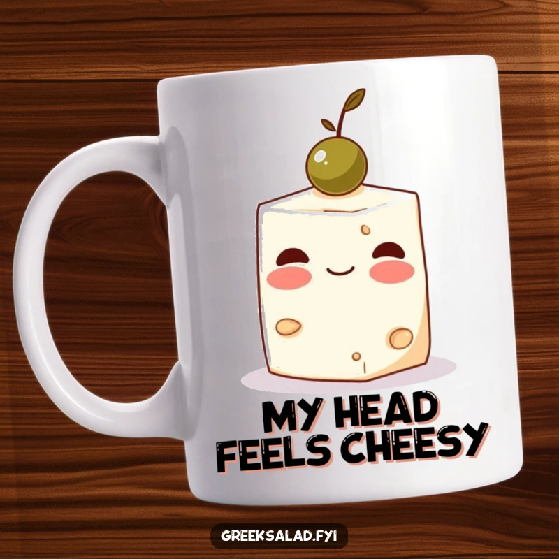 Funny Feta Cheese Olive Mug: A blushing feta cube precariously balances an olive, a cute and funny treat.