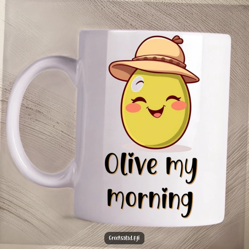 Funny mug showcasing a smiling olive character wearing a jaunty hat and giving a playful wink, radiating charm and wit.