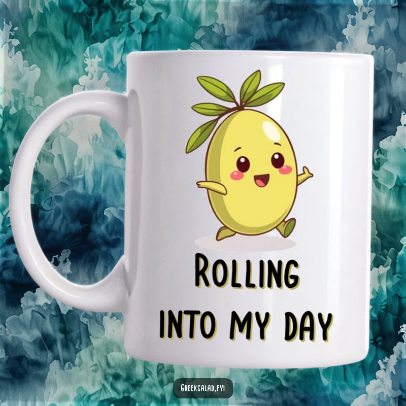 Funny mug featuring a playful Greek olive character rolling around happily, embodying Mediterranean zest.