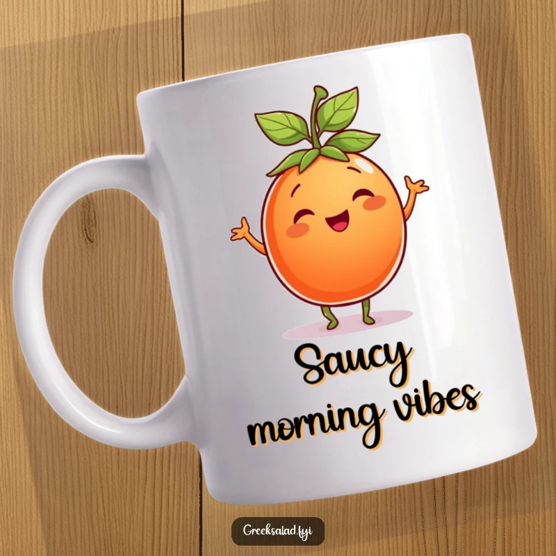 Funny Tomato Mug: A smiling tomato with a leaf hat does a joyful dance, spreading happiness and veggie cheer.