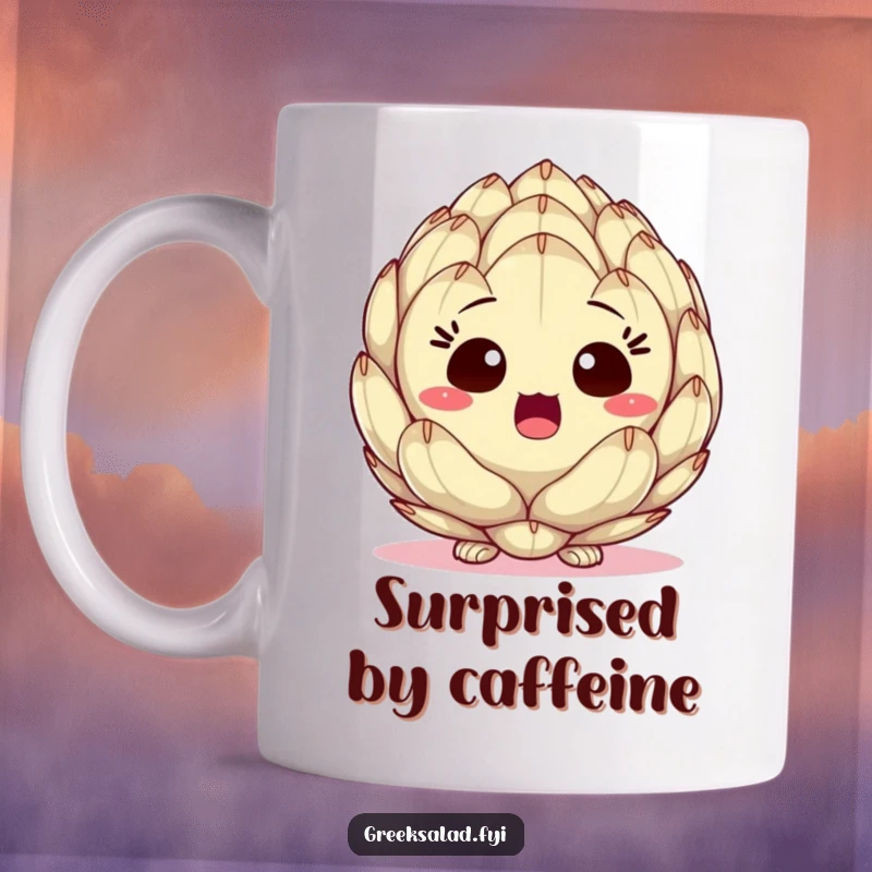 Funny mug featuring a genuinely surprised artichoke heart peeking out playfully, bringing a comical and vegetable-themed surprise.