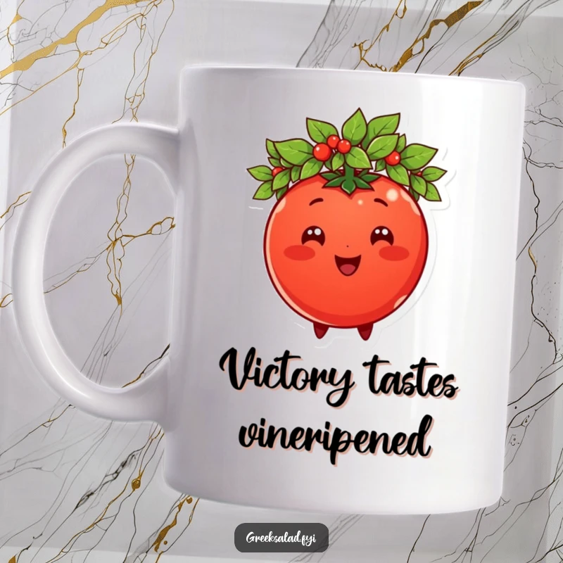 Funny tomato character wearing a golden laurel wreath, looking triumphant on a mug, perfect for veggie lovers.