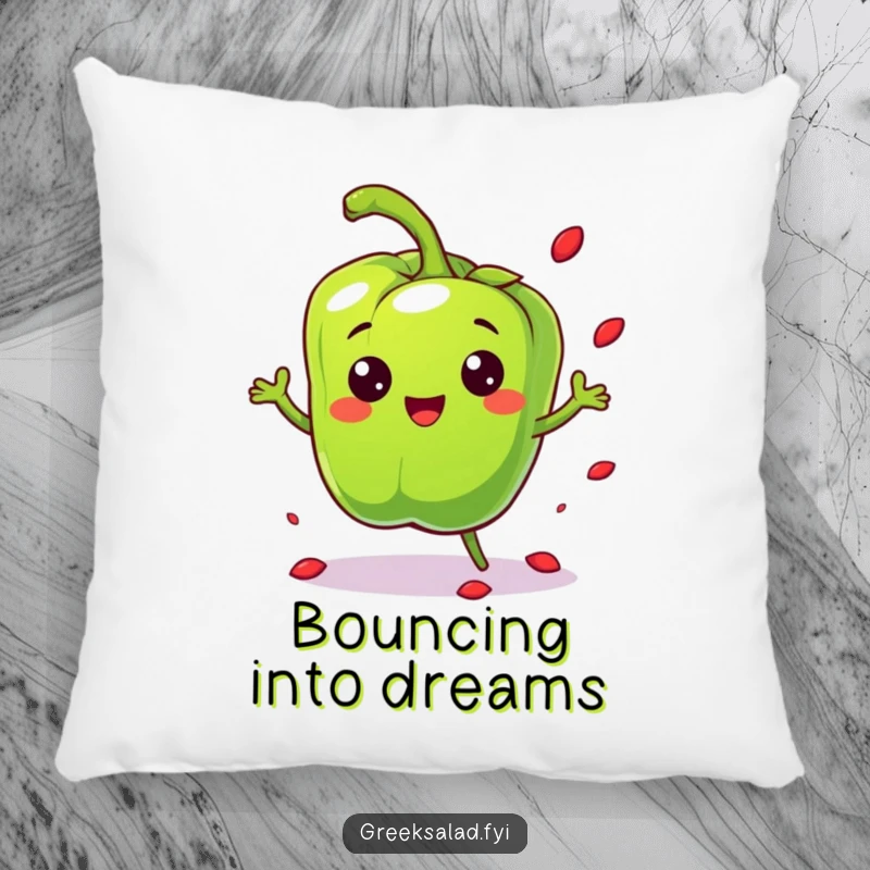 Funny cheerful bell pepper character bouncing playfully and scattering seeds, featured on a soft and playful pillow.