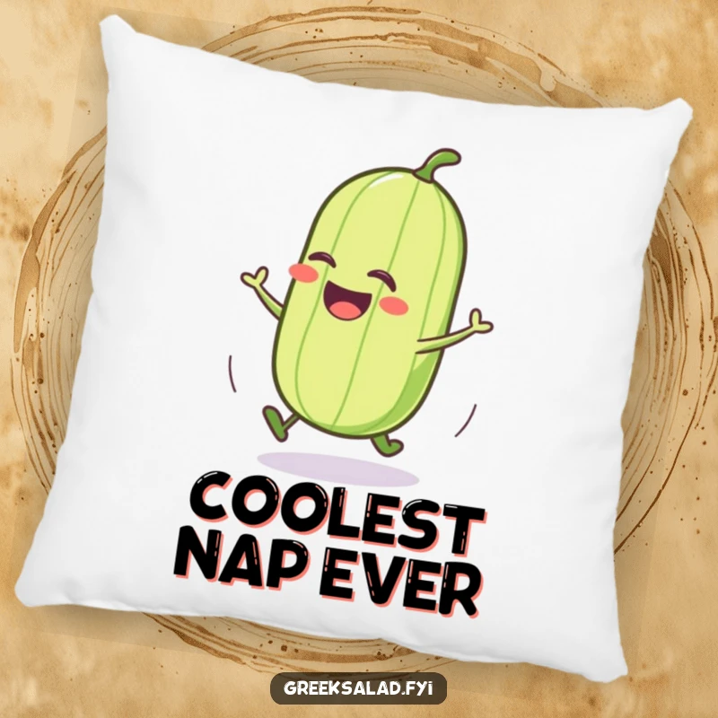 Funny cucumber pillow with a joyful character rolling, providing comfort and a humorous touch of veggie-themed decor.