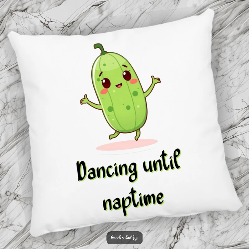 Funny cucumber character dancing happily on a soft pillow, providing comfort with a playful and cheerful vibe.
