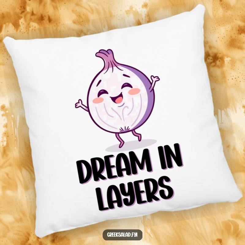 Funny pillow showcasing a giggling purple onion slice character in a dynamic and playful dancing pose, perfect for comfort.