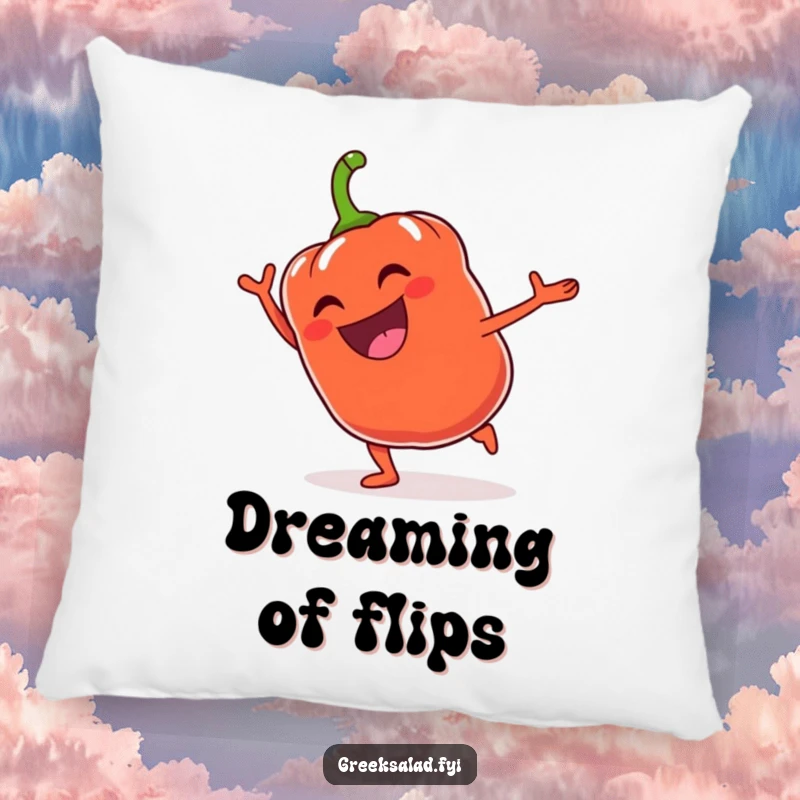 Funny Bell Pepper Cartwheel Pillow: A grinning bell pepper does a cartwheel, offering soft comfort and joy.