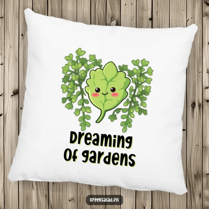 Funny pillow featuring a curious oregano leaf with a smile, gently floating down, offering cozy comfort and peaceful charm.