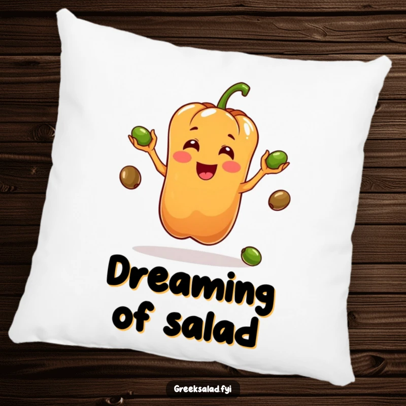 Funny pillow displaying a bell pepper character in the act of juggling olives, perfect for adding playful decor to any cozy spot.