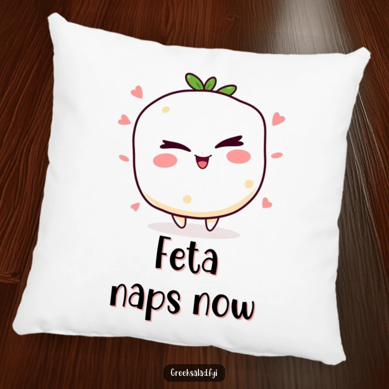 Funny winking feta cheese pillow with a jolly character winking mischievously, providing comfort and a humorous food-themed accent.