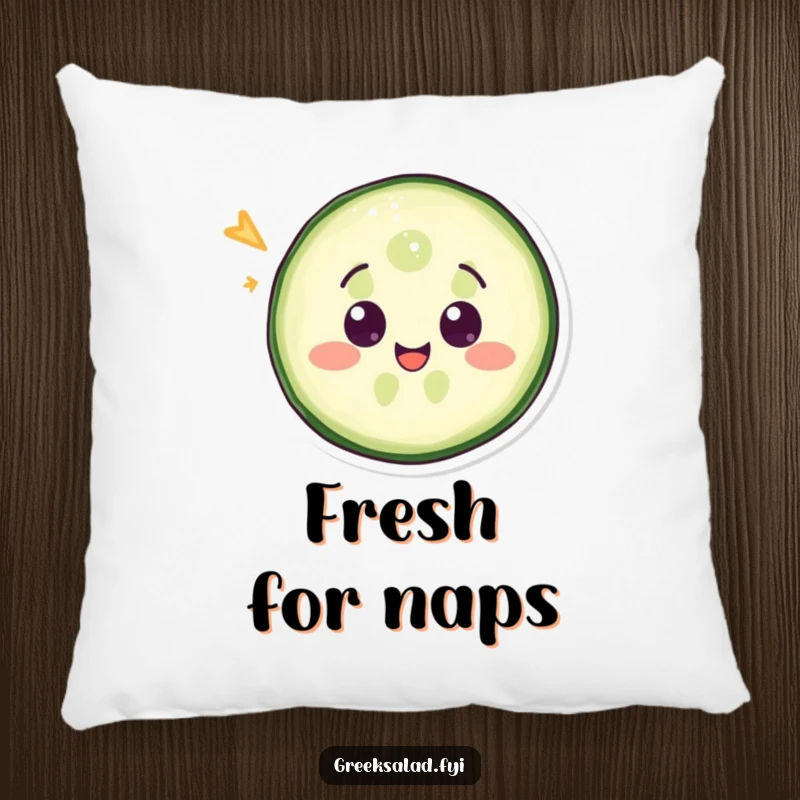 Funny pillow with a delighted cucumber slice winking, offering comfort and quirky veggie-themed humor.