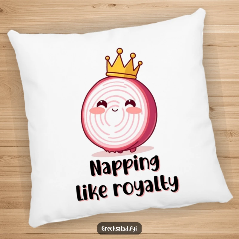 Funny pillow featuring a blushing red onion slice with a crown, swaying gently, offering regal comfort and charm.