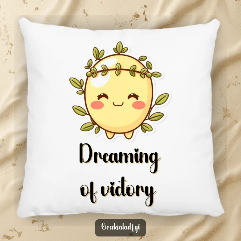 Funny, plush pillow featuring a cheeky olive character with a laurel wreath, offering cozy sophistication and humor.