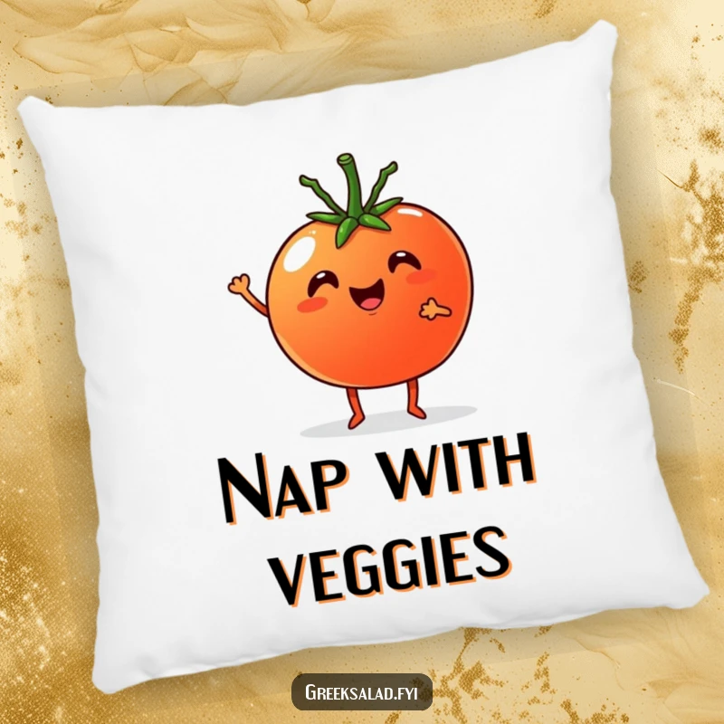 Funny Pillow: Cheerful tomato with tiny legs cheering with a cucumber, perfect for adding comfort and cheer.