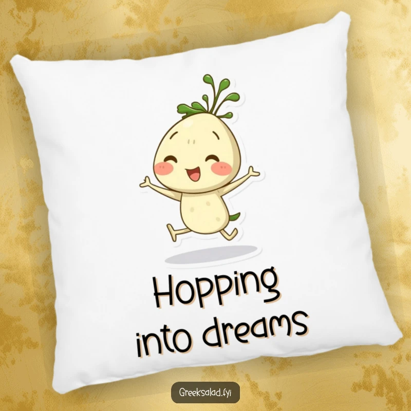 Funny dill sprig pillow featuring a happy herb character doing a joyful hop, perfect for adding comfort and cheer.