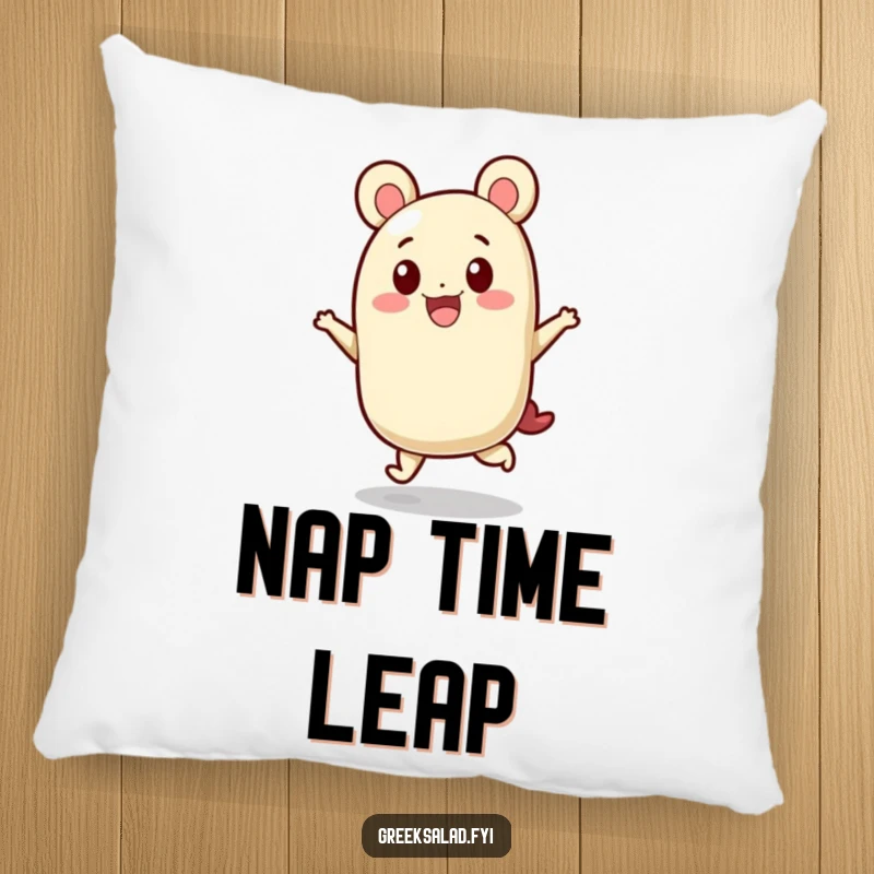 Funny, plush pillow featuring a feta cheese character in a happy, mid-hop pose, perfect for cozy, cheesy moments.