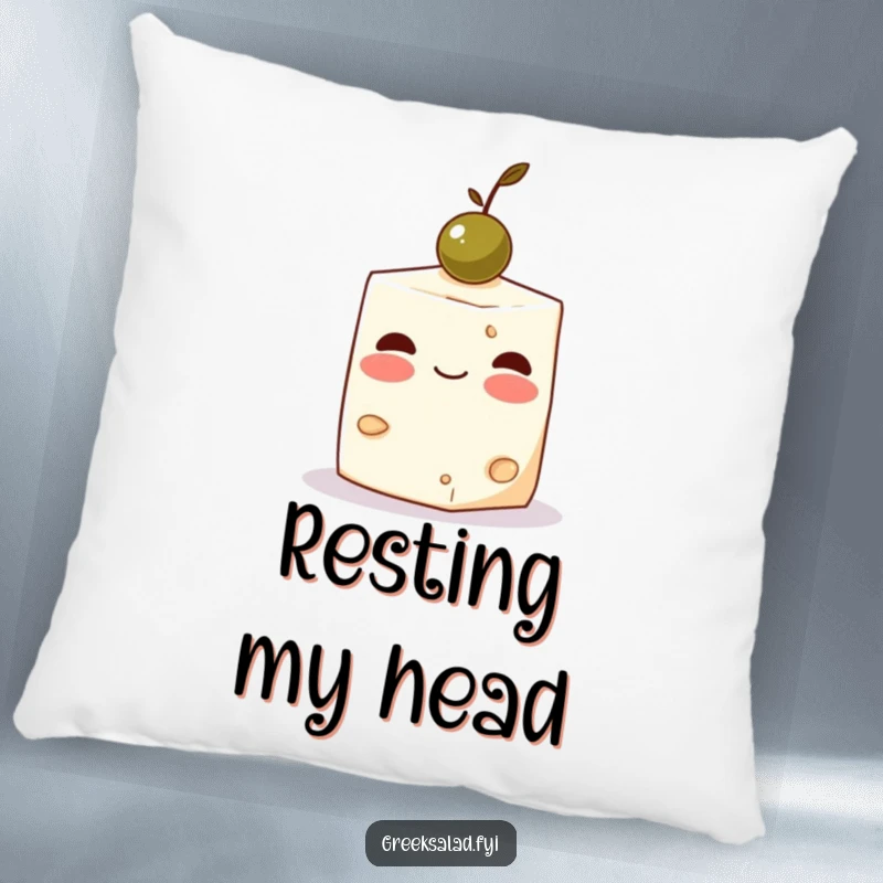 Funny Feta Cheese Olive Pillow: A blushing feta cube balances an olive, offering soft comfort and food charm.