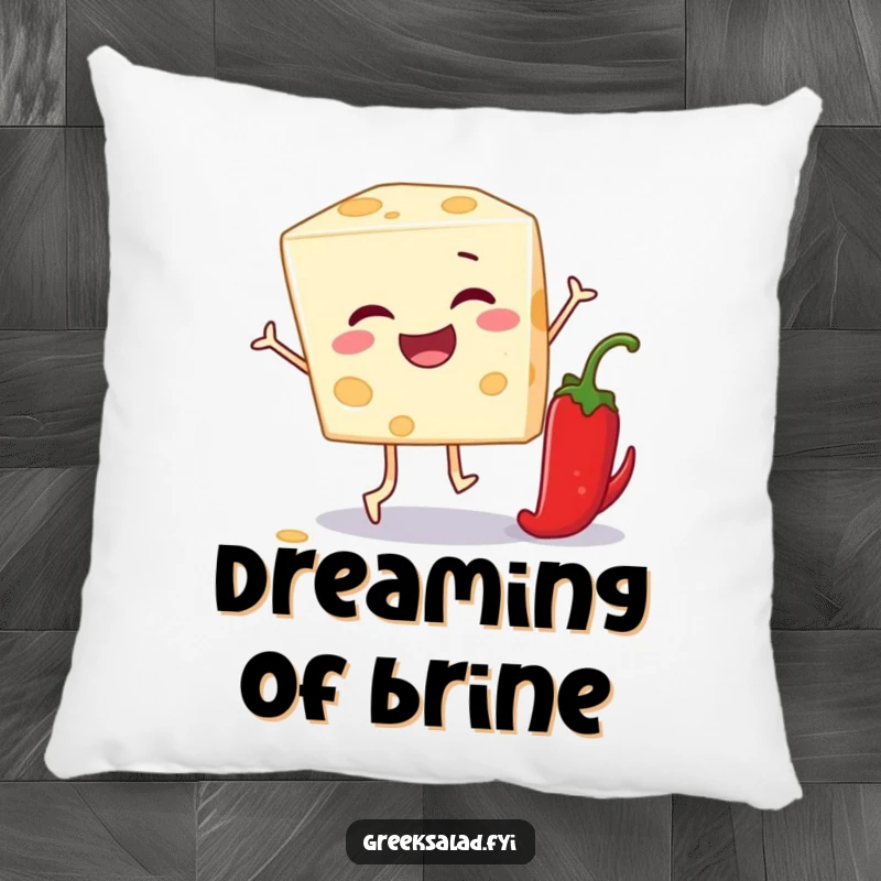 Funny pillow featuring a feta cheese block playing leapfrog over a pepper, offering cozy, cheesy humor.