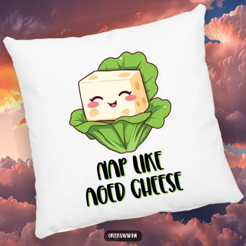 Funny pillow showcasing a cheerful feta cheese block winking with a mischievous glint, resting on a lettuce leaf.