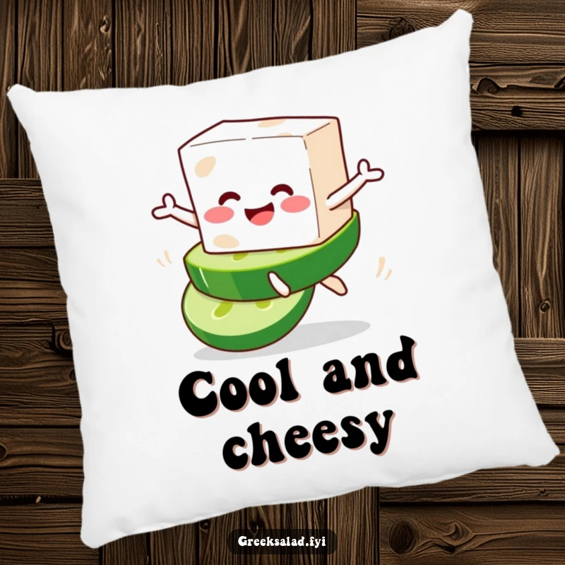 Funny pillow showcasing a smiling feta cheese block character joyfully leaping from a cucumber slice, perfect for cozy moments.