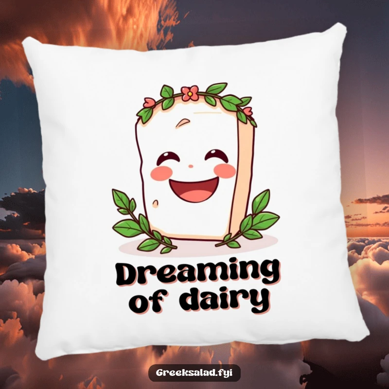 Funny Pillow with a plush texture and a laughing feta cheese block wearing a laurel wreath, spinning happily, perfect for adding whimsy.