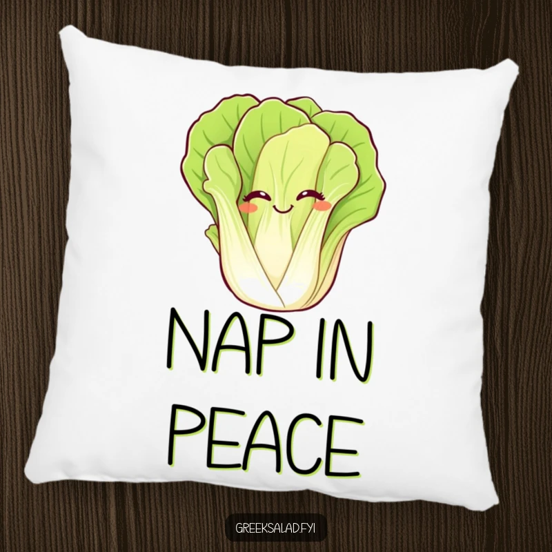 Funny pillow featuring a giggling romaine lettuce leaf waving, offering plush comfort and a touch of vegetable humor.