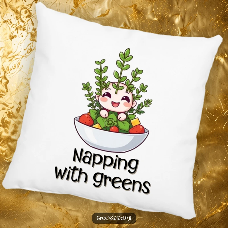 Funny pillow featuring a happy oregano sprig winking from a salad, offering soft comfort and herbal humor.