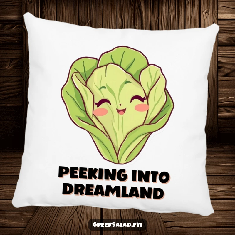 Funny lettuce leaf pillow featuring a cute vegetable character playfully peeking from a corner, offering soft comfort and humor.