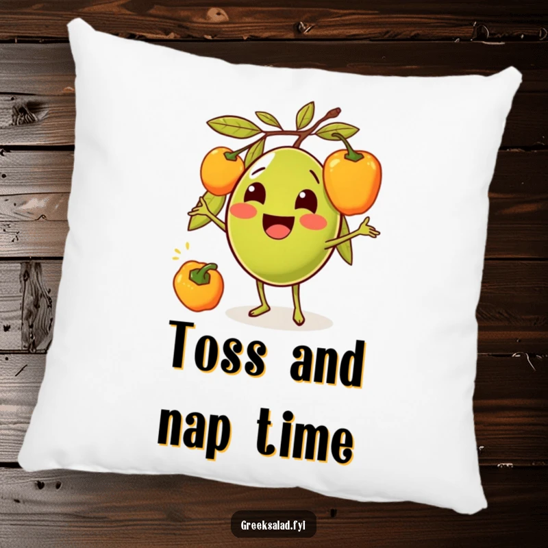 Funny pillow featuring a smiling olive character happily juggling bell peppers, offering comfort and cartoonish charm.