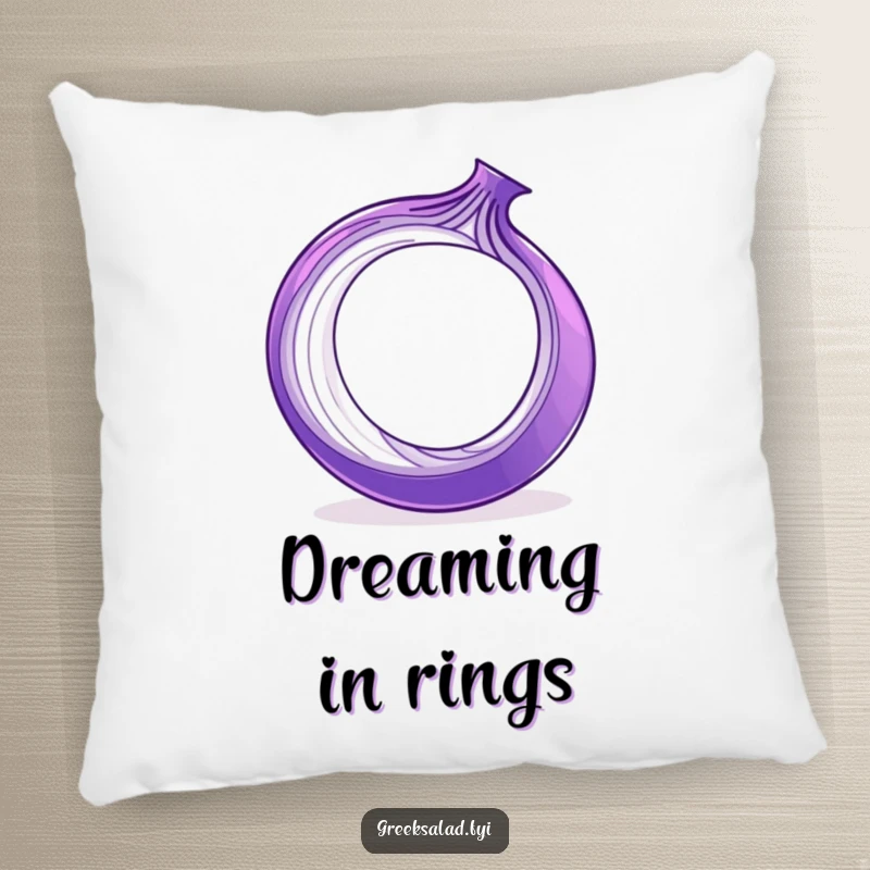 Funny purple onion ring spinning on its edge, depicted on a soft pillow, adding humorous comfort to any room.