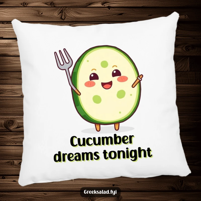 Funny Pillow: A joyful cucumber slice with a wide grin waves a tiny fork, offering comfort.