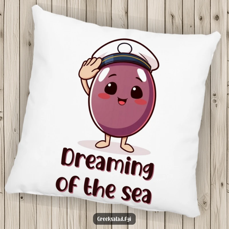 Funny pillow graphic of a happy Kalamata olive in a sailor's hat, offering a cheerful salute, perfect for nautical-themed rooms.