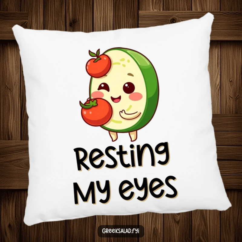 Funny pillow featuring a shy, smiling cucumber slice character holding a delicate cherry tomato, offering plush comfort and humor.