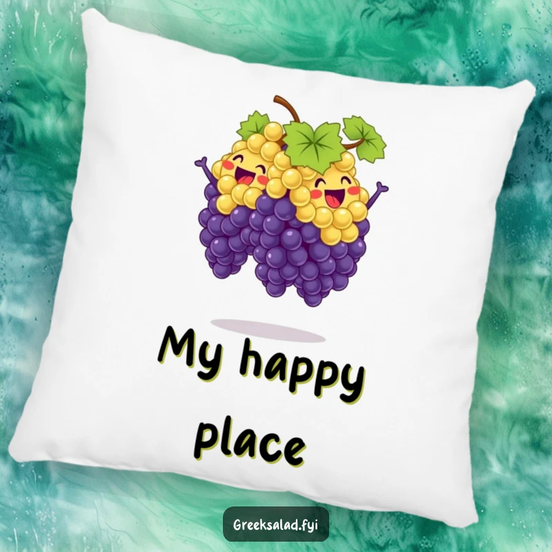 Funny pillow featuring a bunch of grapes captured mid-synchronized jump, looking absolutely thrilled and full of playful acrobatic spirit.