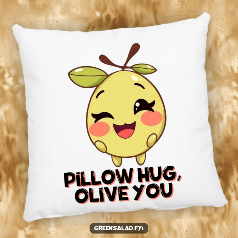 Funny pillow featuring a smiling olive character with its pit, winking playfully, perfect for adding a touch of charm.